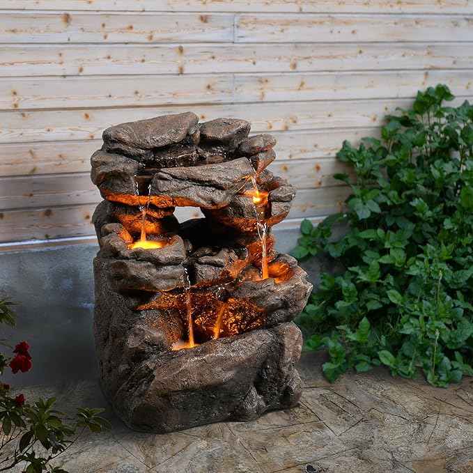 Outdoor Waterfall Fountain 20.5" Tiered with LED Lights, Natural Rock Design, Weatherproof Resin – Waterfall Fountain for Garden, Patio, Yard 24393
