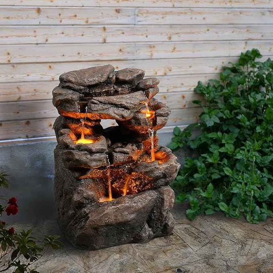 Outdoor Waterfall Fountain 20.5" Tiered with LED Lights, Natural Rock Design, Weatherproof Resin – Waterfall Fountain for Garden, Patio, Yard 24393