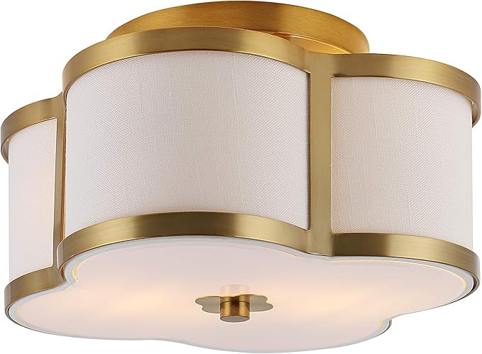 JONATHAN Y 13" Brass Gold Modern Scalloped LED Flush Mount Ceiling Light Fixture, White Linen Shade Quatrefoil Chandelier for Bedroom Living Room Kitchen Hallway Foyer (JYL9507B)