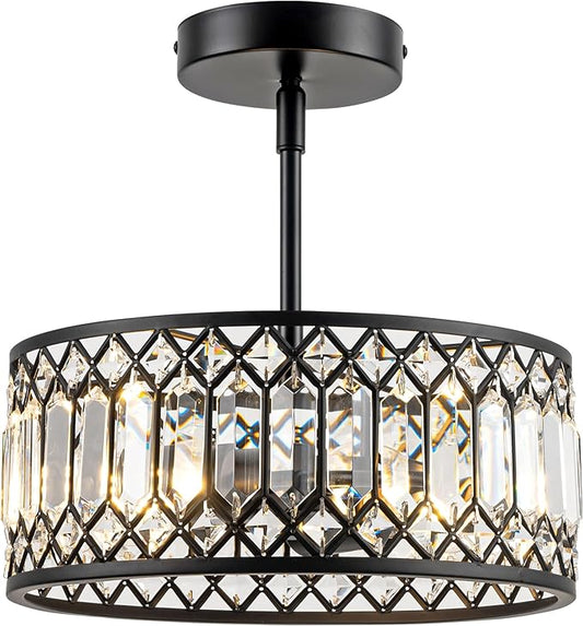 3-Light Crystal Ceiling Light, Modern Semi Flush Mount Light Fixture, Black Crystal Chandelier for Kitchen Bedroom Bathroom Entryway Hallway