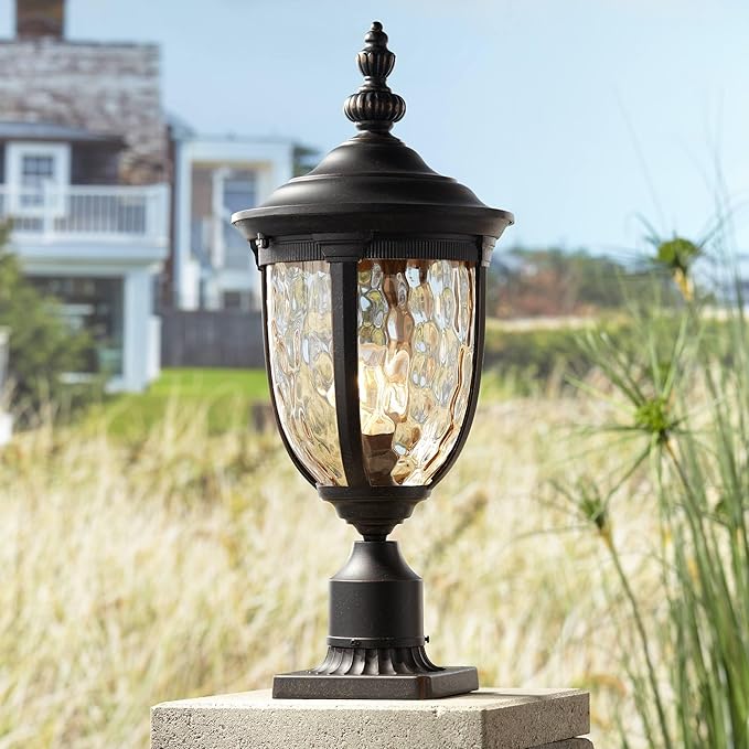 John Timberland Bellagio European Outdoor Post Light Fixture with Pier Mount Bronze 25 inch Tall Glass for Exterior House Porch Patio Outside Deck Garage Yard Garden Driveway Home Lawn Walkway