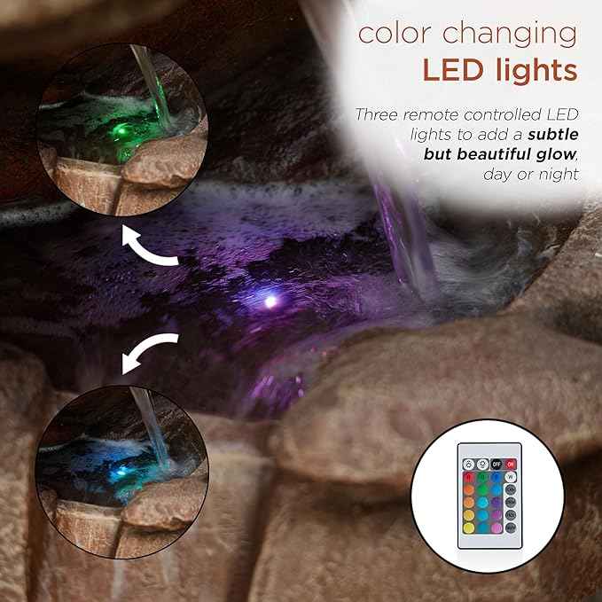 Alpine Corporation 40" Tall Floor Fountain, Tiered Rock Water Feature with Color-Changing LED & Remote, Cascading Streams for a Tranquil Garden, Patio, Yard, Deck, or Porch, Light Brown
