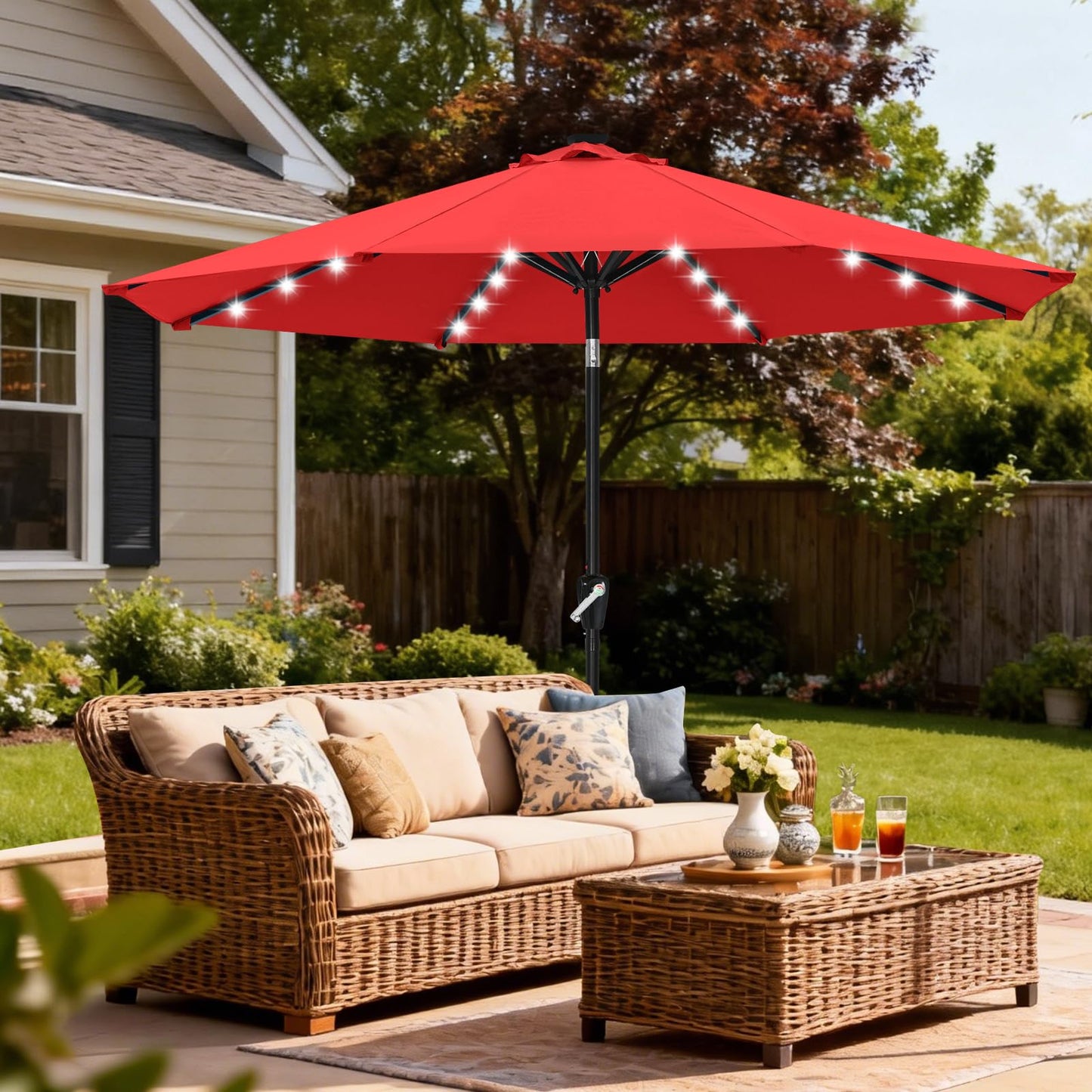 Solar Led Patio Umbrella with 32 Lights 9FT