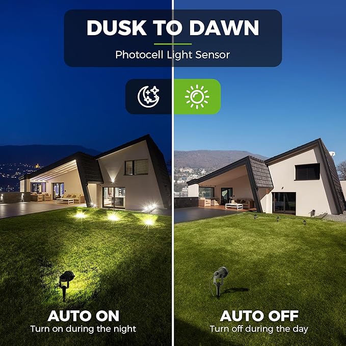 L LOHAS LED Landscape Spot Lights Outdoor, Dusk to Dawn Sensor 5W LED Spotlights for Yard, 120V 450LM Pathway Garden Outside Lights, 9.84-ft Cord, IP66 Waterproof 3000K Warm White, UL Listed 1 Pack - Aura Lighting