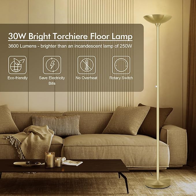 30W Torchiere Floor Lamp Gold, 3600LM Bright Stepless Dimmable Floor Lamp, 71 Inch LED Standing Lamp 3000K, Rotary Switch, I Inch Thick Pole, Tall Metal Torch Floor lamps for Living Room/Bedroom/Den - Aura Lighting