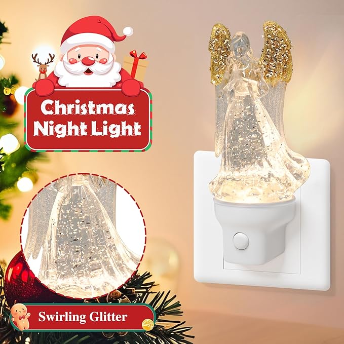 1 Pack Christmas Angel Night Light Plug into Wall Glitter Water Nightlight with USB/Outlet Options, Christmas Decorative Nightlight for Bedroom Kitchen Nursery Holiday Decorations Gifts (Angel)