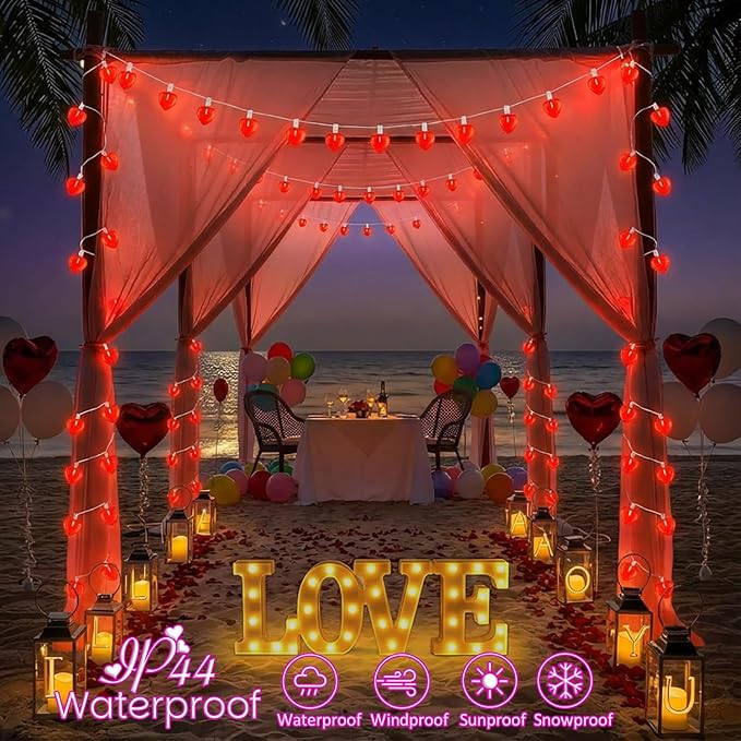 20Ft Valentine's Day Lights Outdoor with Glittering 3D Red Heart Shaped Lights, 22 Dimmable LED Bulbs(2 Spare) Waterproof for Indoor and Outdoor Wedding Anniversary Party Valentine's Day Decorations