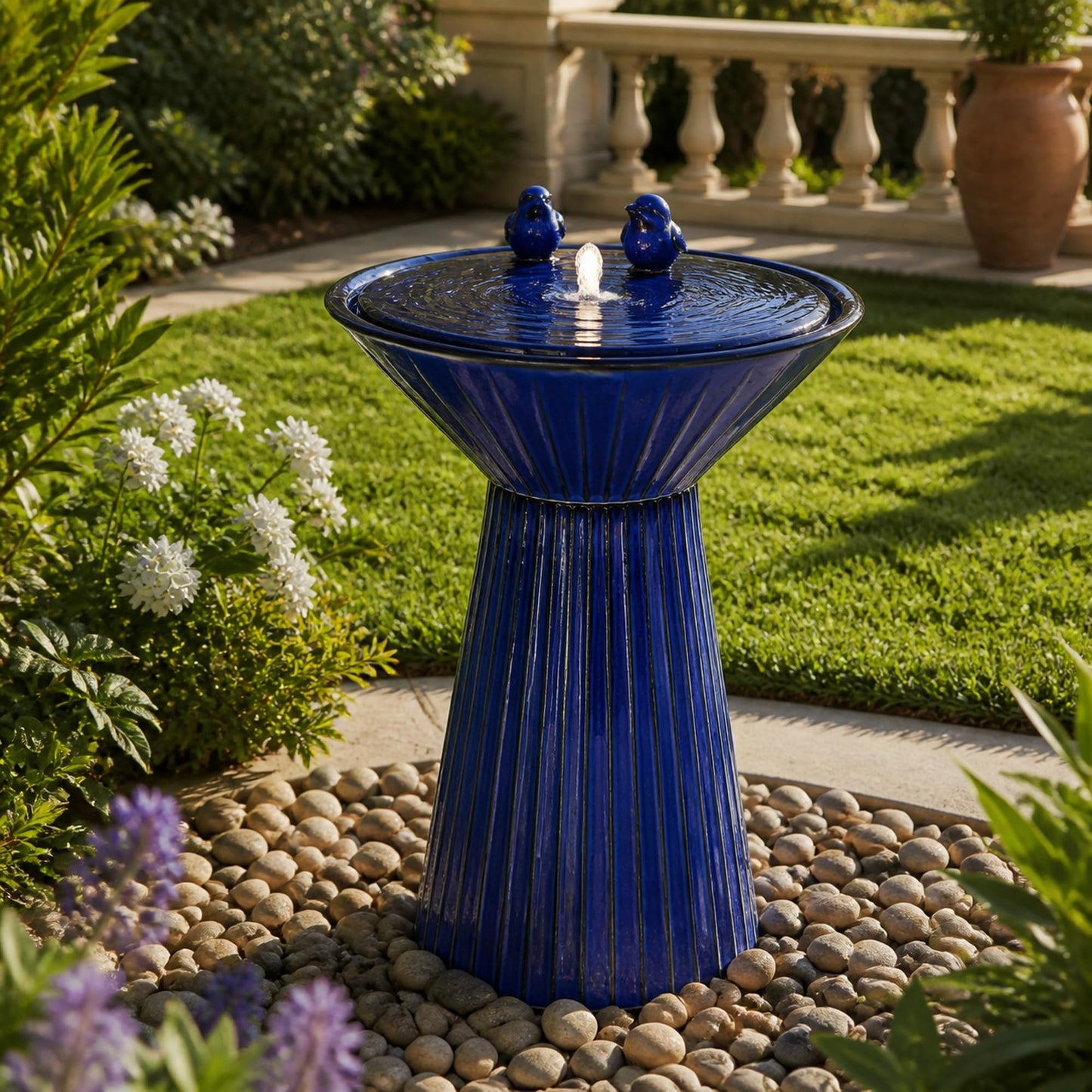 Autodaya 28" Ceramic Outdoor Water Fountain LED Birdbath
