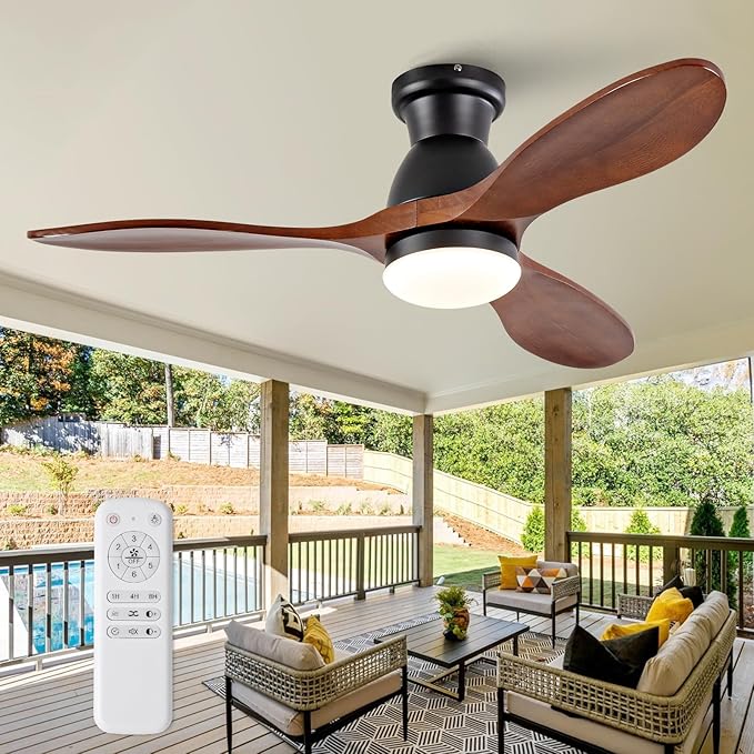 42 Inch Flush Mount Ceiling Fans with Lights and Remote, Dimmable 3 Blades Wood Bedroom Ceiling Fan with Lights Low Profile Ceiling Fan with Light Black Outdoor Ceiling Fans for Patios Living Room