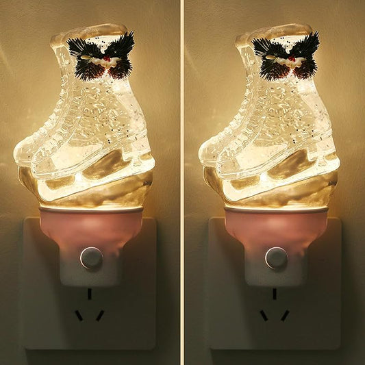 2 Pack Christmas Night Light Plug into Wall Glitter Water Nightlight with USB/Outlet Options, Christmas Ski Boots Decorative Nightlight for Bedroom Kitchen Holiday Decorations Gifts (Ski Boots)