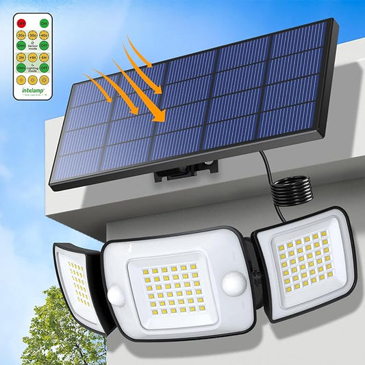 intelamp Solar Flood Lights Outdoor Waterproof, 6000mAh 1200LM Solar Powered Dual Motion Sensor LED Lighting Dusk to Dawn Security Floodlight Exterior with Remote 9.8ft Cable for Outside Garden House