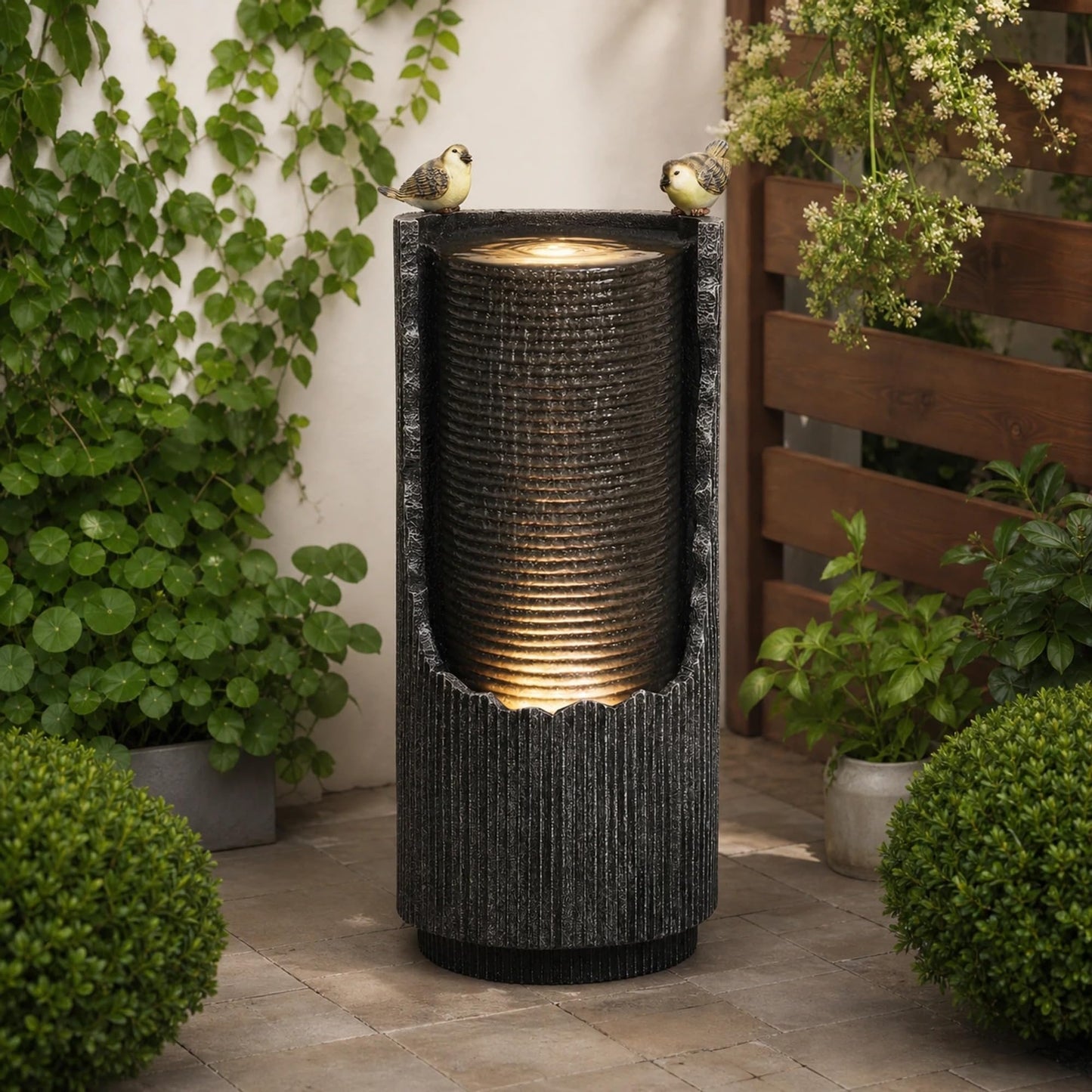 32" Faux Stone Outdoor Water Fountain with LED Lights