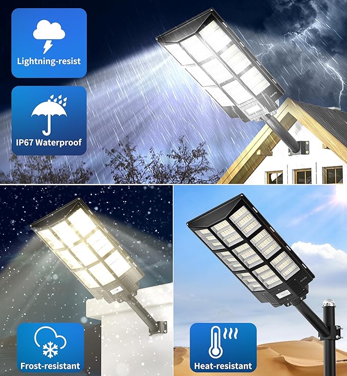 Gefolly SL-7200W Solar Street Light Outdoor, Wide Angle 450000LM 3000K/4000K/6500K Commercial Parking Lot Light Dusk to Dawn, IP67 Flood Outdoor Lamp for Basketball Court, Road, Yard