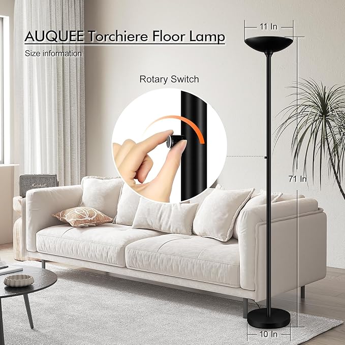 30W Torchiere Floor Lamp - 3600LM Super Bright LED Floor Lamp, 71 Inch Stepless Dimmable Standing Lamp with 3000K Lighting, Rotary Switch, Tall Metal Torch Floor lamps for Living Room/Bedroom (Black) - Aura Lighting