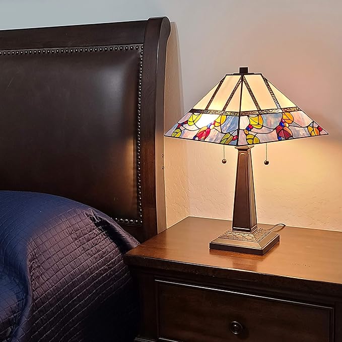 Tiffany Style Table Lamp Banker Mission 22" Tall Stained Glass Tan Blue Red Orange Green Vintage Antique Light Décor Night Stand Living Room Bedroom Handmade Gift AM300TL14B Amora Lighting, Multicolor