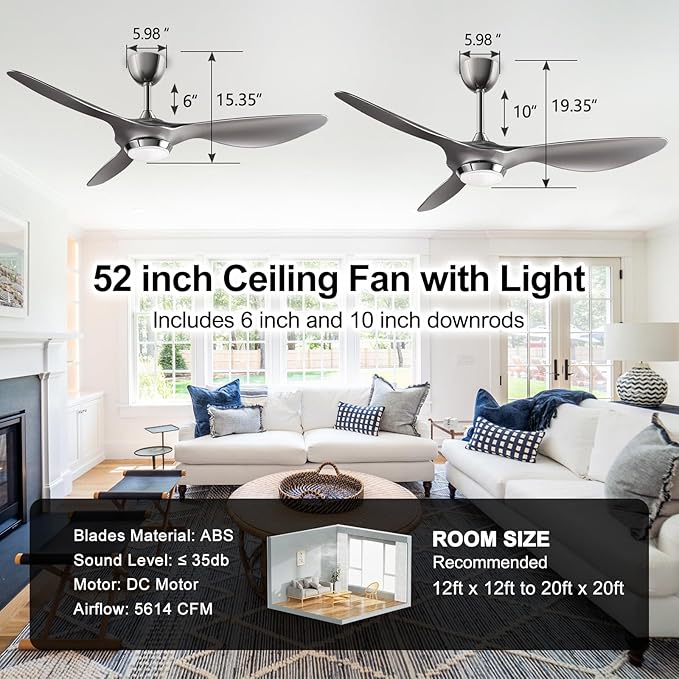 reiga 52 Inch Modern Smart Wifi Ceiling Fan with Light and Remote Control, Living Room Bedroom patio 3 Blade Ceiling Fans with Reversible Mute DC Motor, Silver - Aura Lighting