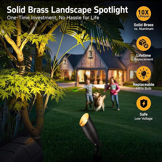 Gardenreet Landscape Spotlights Low Voltage - Brass 12V Outdoor Uplight LED, Wired Spot Lights IP65 Waterproof, Adjustable Focus Bronze for Exterior Garden Yard Tree House Without MR16 Bulb - Aura Lighting