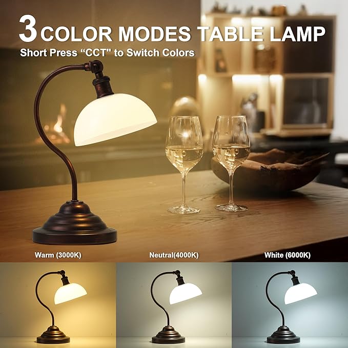 Cordless LED Table Lamp, 180° Swing Arm Desk Lamp, Rechargeable, Dimmable/3 Color/Memory Function, Vintage Rechargeable Table Light for Living Room,Bedroom,Bedside, Oil Rubbed Bronze - Aura Lighting