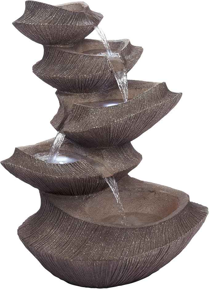 Alpine Corporation WIN1332L-BR Outdoor Floor Tiered Basin Fountain with LED Lights, Modern Basin Garden Fountain 31", Brown