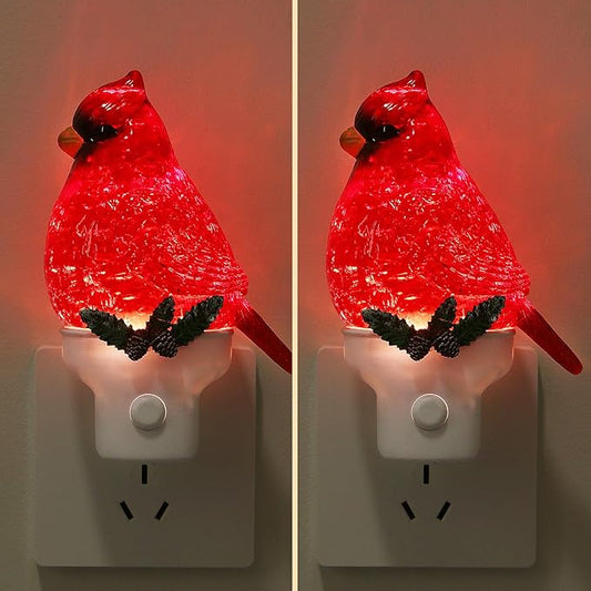 2 Pack Christmas Cardinal Night Light Plug into Wall Glitter Water Nightlight with USB/Outlet Options, Christmas Decorative Nightlight for Bedroom Kitchen Nursery Holiday Decorations Gifts (Cardinal)