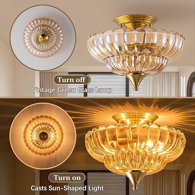 FTL Semi Flush Mount Ceiling Light Fixture, Gold Vintage Scalloped Amber Glass Chandelier, 2-Light Close to Ceiling Light Fixtures for Bedroom Kitchen Foyer Entryway Hallway