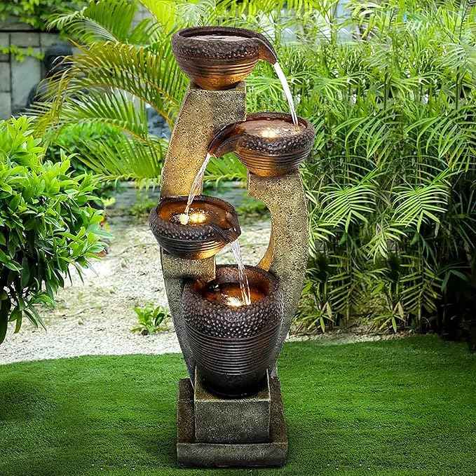 Naturefalls 40" Tall Outdoor Water Fountain and Waterfalls - Large Garden Fountain with LED Lights, 4-Tier Crocks, Indoor and Outdoor Fountains for Garden, Patio, Deck, Porch, Backyard and Home, Gray