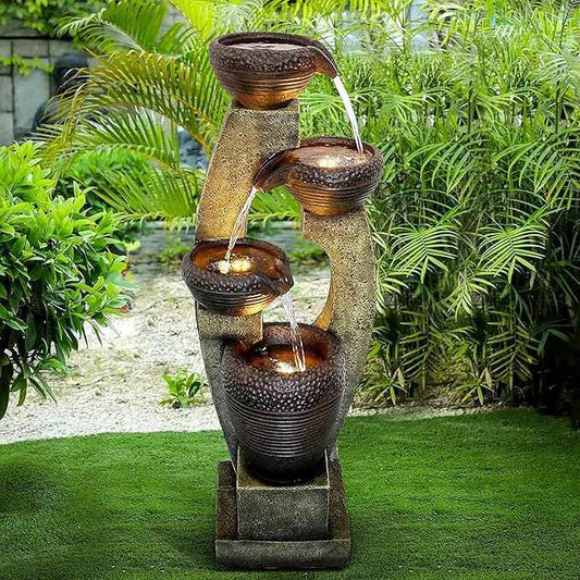 Naturefalls 40" Tall Outdoor Water Fountain and Waterfalls - Large Garden Fountain with LED Lights, 4-Tier Crocks, Indoor and Outdoor Fountains for Garden, Patio, Deck, Porch, Backyard and Home, Gray