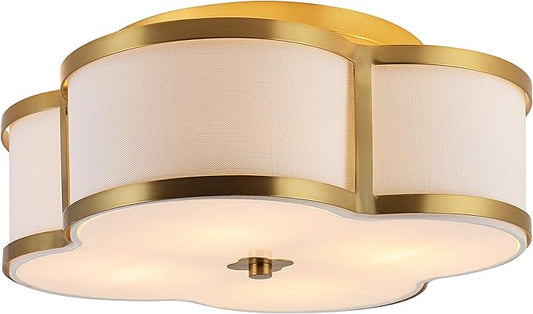 JONATHAN Y 13" Brass Gold Modern Scalloped LED Flush Mount Ceiling Light Fixture, White Linen Shade Quatrefoil Chandelier for Bedroom Living Room Kitchen Hallway Foyer (JYL9508B)