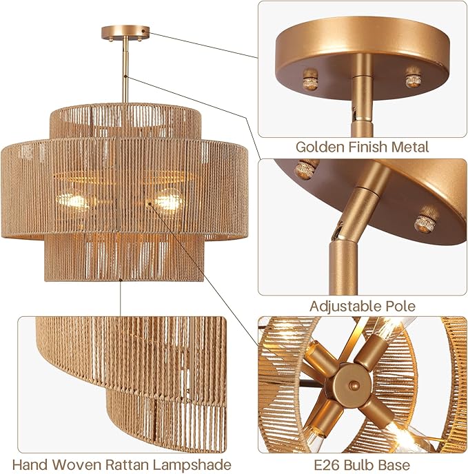 24'' Boho Rattan Chandelier, 4-Light Hand-Woven Wicker Pendant Lamp, Rustic Modern Ceiling Light Fixture for Dining Room, Kitchen Island, Living Room, Bedroom, Foyer, Entryway, Over Table - Aura Lighting