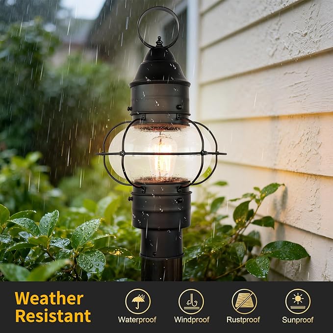 Kalium Outdoor Post Light Hard Wired, Matte Black Lamp Post Light Fixture with Seeded Glass,19" Waterproof Outside Column Lantern for Yard Driveway Patio Garden Walkway Landscape E26 Base Max 60