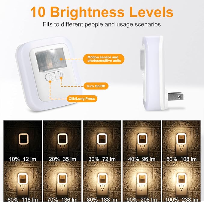 YELKO Night Light Plug in,[4Pack] Dimmable Motion Sensor Nightlights with 10Levels Adjustable Brightness[1-200LM], Cool White LED Lights for Bathroom, Stairs,Hallway