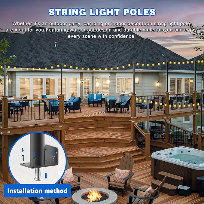 zoegi 8 Pack 5FT String Light Poles,Light Poles for Outside Lights with Fork,Outdoor Brackets Hanging Lights,Metal Stand for Deck Patio,Backyard,Wedding,Deck,Party