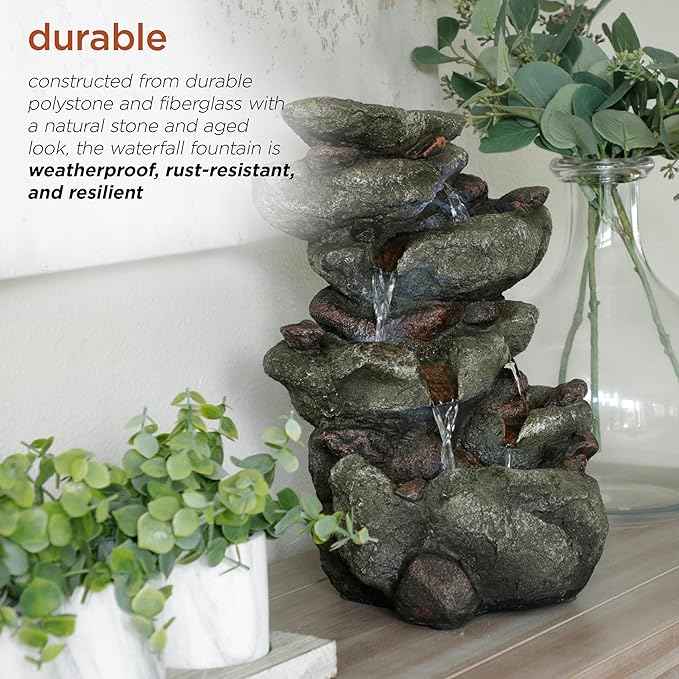 Alpine Corporation TZL154 14" Indoor Tabletop Rainforest Rock Water Fountain with LED Lights, Tiered Desktop Fountain for Home and Office Décor, Gray