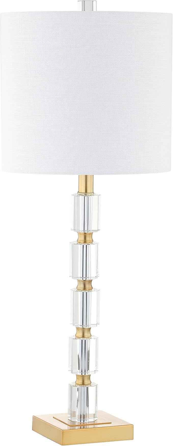 JONATHAN Y 28.5" Clear and Brass Gold Crystal Table Lamp Set of 2, Modern Glam Geometric Bedside Lamps for Living Room, White Linen Drum Shade, UL Listed, LED Bulbs Included JYL5001A-SET2