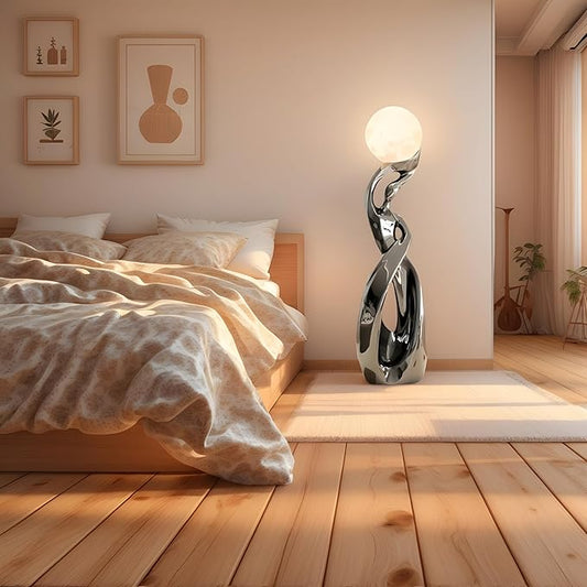 Bofea-Modern Funky Floor Lamp for Living Room,Large Tall Standing Lights with 3D Moon Lamp,Smoked Resin Floor Lamps,Accent Lights,Modern Dancing Girls Statue for Living Room Bedroom Home Decor