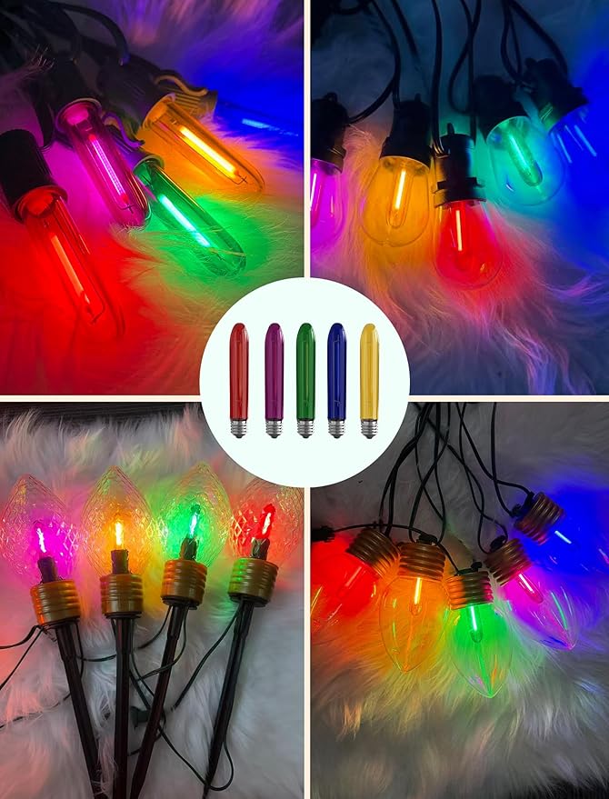 12 Pack T13 LED Multicolor Replacement Bulbs, E12 Candelabra Base LED Bulbs for Outdoor String Lights, Night Light, Christmas Candles, Window Lights, 0.6W Energy Saving Decorative Multicolor Bulb