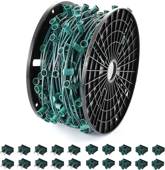 Ultimate Unicorn 500 FT C9 Light Socket Set Spool, Christmas Stringer Bulk Reel 12" Spacing, C9 Light Strand Green Wire, Christmas Stringer with E17 Sockets (10 Pairs of Plugs Included)