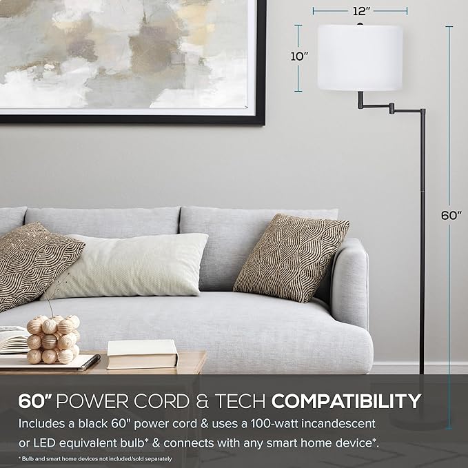 Catalina Lighting 24288-000 Traditional Swing Arm Floor Lamp for Office, Living Room, Dorm or Bedroom, Smart Home Compatible, Bulb Not Included, 60", Black