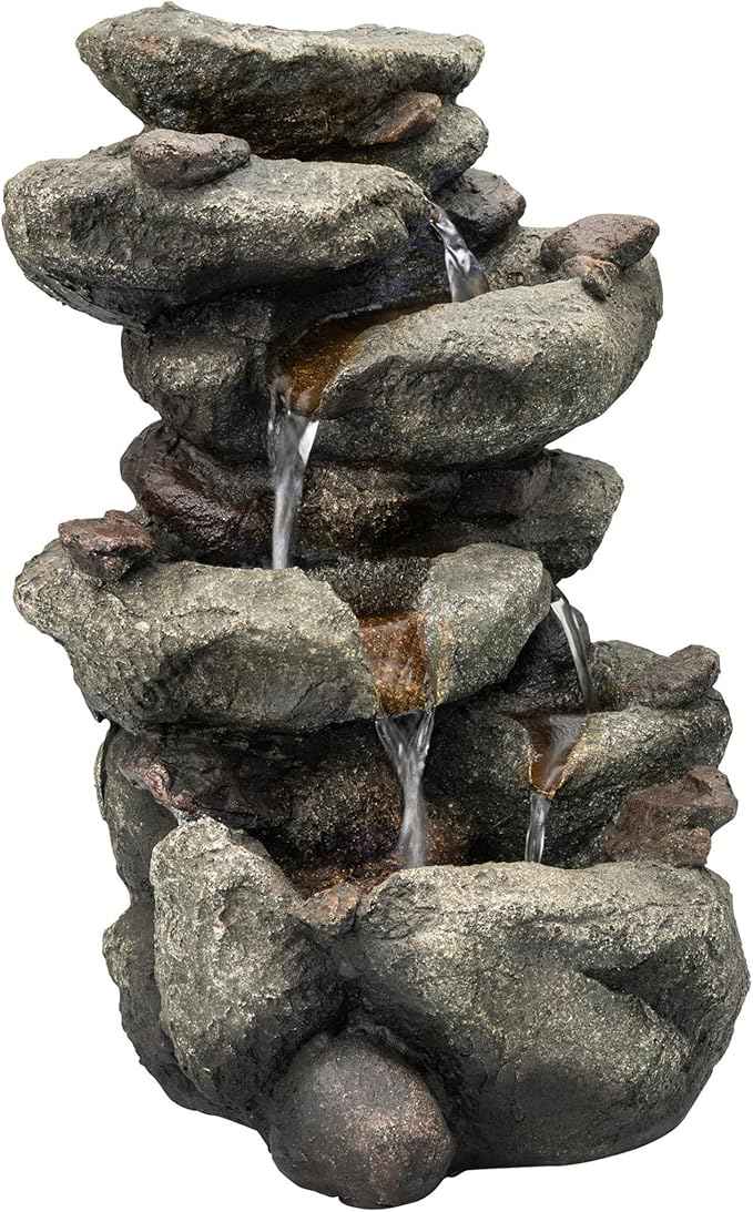 Alpine Corporation TZL154 14" Indoor Tabletop Rainforest Rock Water Fountain with LED Lights, Tiered Desktop Fountain for Home and Office Décor, Gray