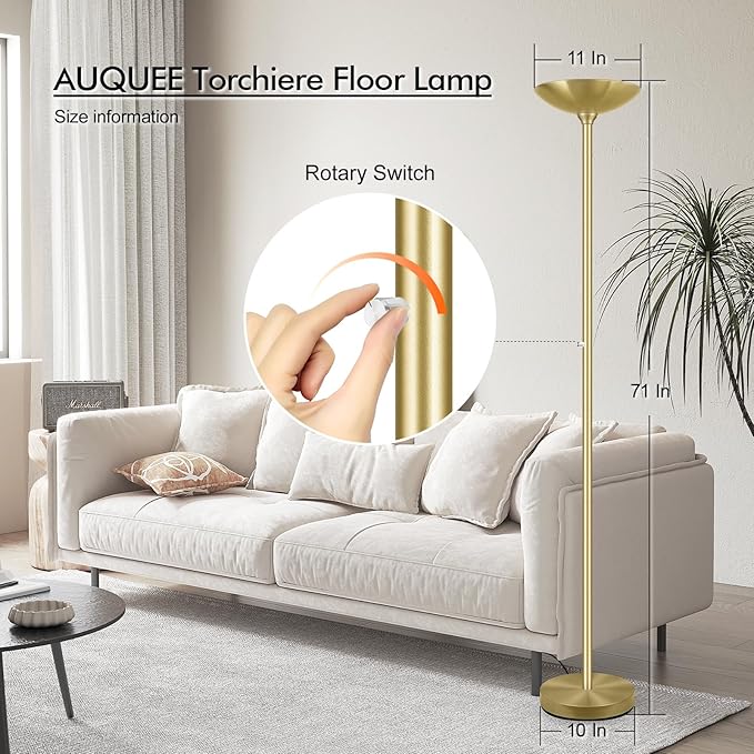 30W Torchiere Floor Lamp Gold, 3600LM Bright Stepless Dimmable Floor Lamp, 71 Inch LED Standing Lamp 3000K, Rotary Switch, I Inch Thick Pole, Tall Metal Torch Floor lamps for Living Room/Bedroom/Den - Aura Lighting