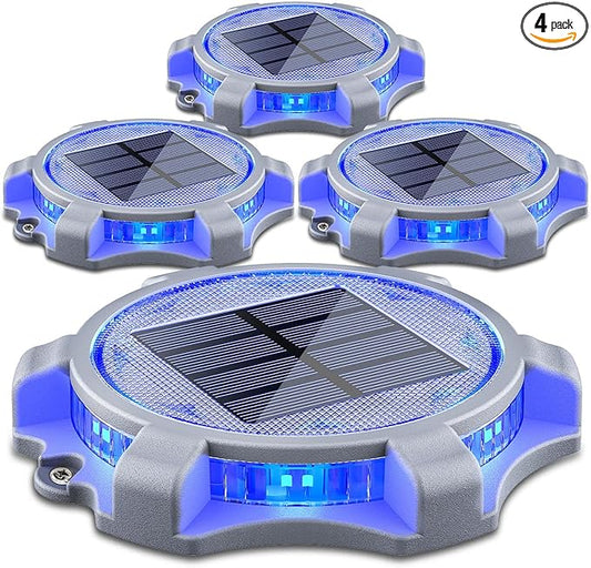 SIEDiNLAR Solar Deck Lights Outdoor 2 Modes LED Driveway Markers Dock Light Solar Powered Waterproof for Step Walkway Ground Stair Pathway Yard Road Garden 4 Pack (Blue/Red)