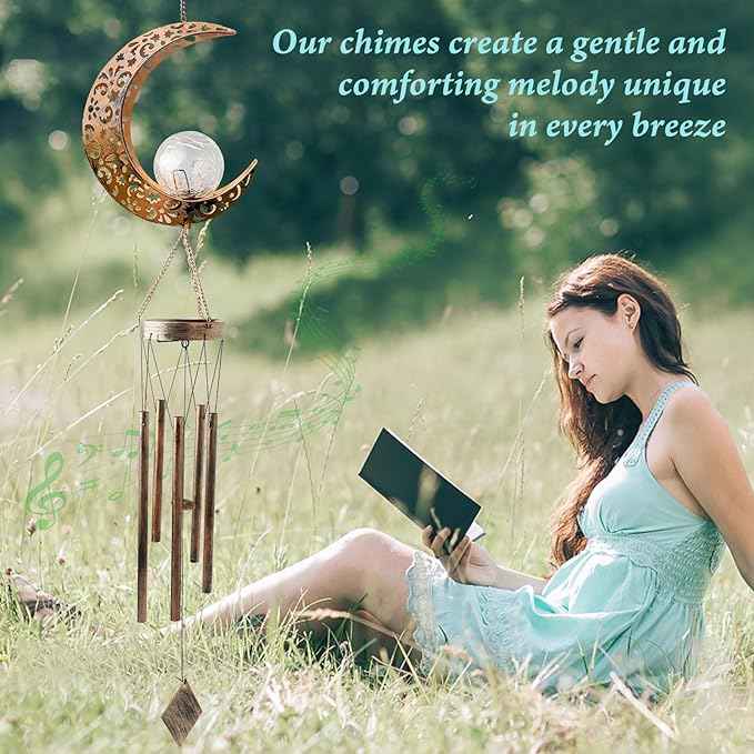 Solar Moon Wind Chimes for Outside Unique Birthday Gifts for Women Mom Grandma Crackle Glass Ball LED Wind Chimes Solar Lights Outdoor Decor Decorative Light for Garden Patio Yard Porch