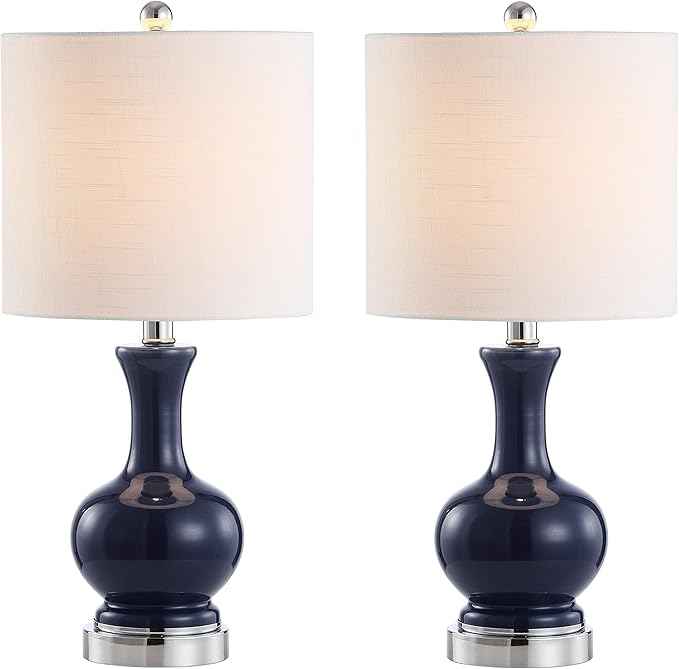 JONATHAN Y 21.5" Navy/Chrome Modern Glass Table Lamp Set of 2, Brass Gold Bedside Lamp with White Linen Shade for Bedroom Living Room, LED Bulbs Included (JYL4033C-SET2)