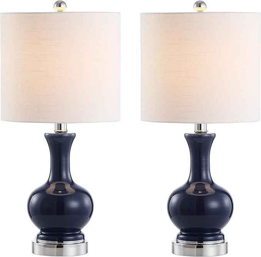 JONATHAN Y 21.5" Navy/Chrome Modern Glass Table Lamp Set of 2, Brass Gold Bedside Lamp with White Linen Shade for Bedroom Living Room, LED Bulbs Included (JYL4033C-SET2)