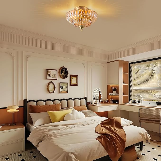 FTL Semi Flush Mount Ceiling Light Fixture, Gold Vintage Scalloped Amber Glass Chandelier, 2-Light Close to Ceiling Light Fixtures for Bedroom Kitchen Foyer Entryway Hallway