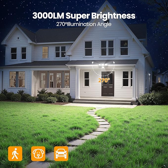 Onforu Solar Lights Outdoor 3000LM 4 Heads Motion Sensor Outdoor Lights, 3 Mode, Solar Security Wall Lights, IP65 Waterproof Flood Lights, Graden, Backyard, 2 Pack