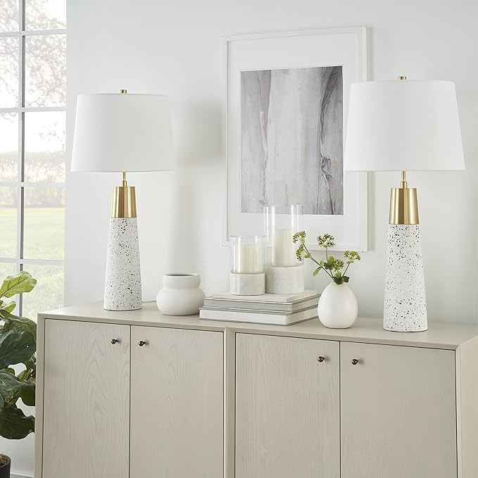 Nourison Home 29" White & Gold Terrazzo Speckled Buffet Lamp, Modern, Contemporary, Glam Table Lamp for Bedroom, Living Room, Dining Entryway