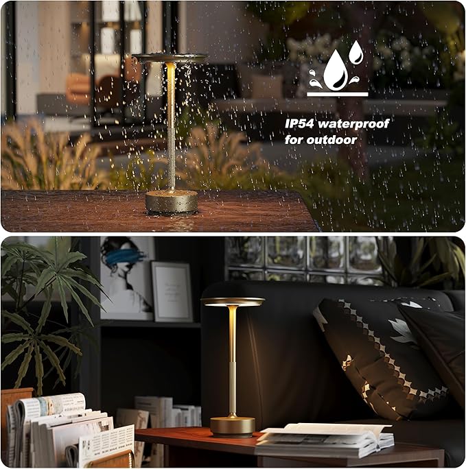 1 Pack Cordless Table Lamps Rechargeable, Portable 5000mAh Battery Operated Lamp, 3 Color Stepless Dimming LED Table Light with Memory Function, for Outdoor/Dinner/Patio/Restaurant.(Gold)