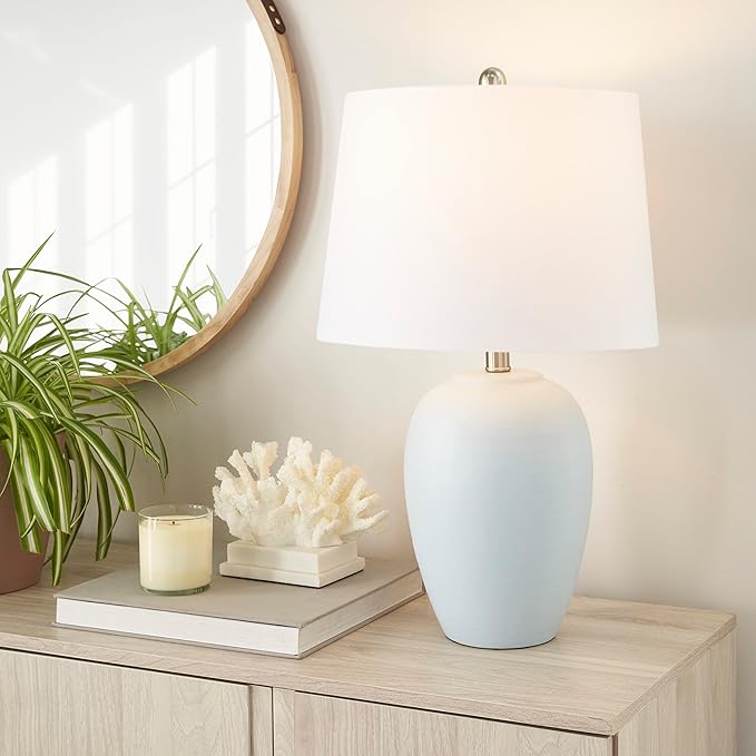 Nourison Home 23" Coastal Blue Ceramic Pot Table Lamp for Bedroom, Living Room, Dining Entryway, with White Shade - Aura Lighting
