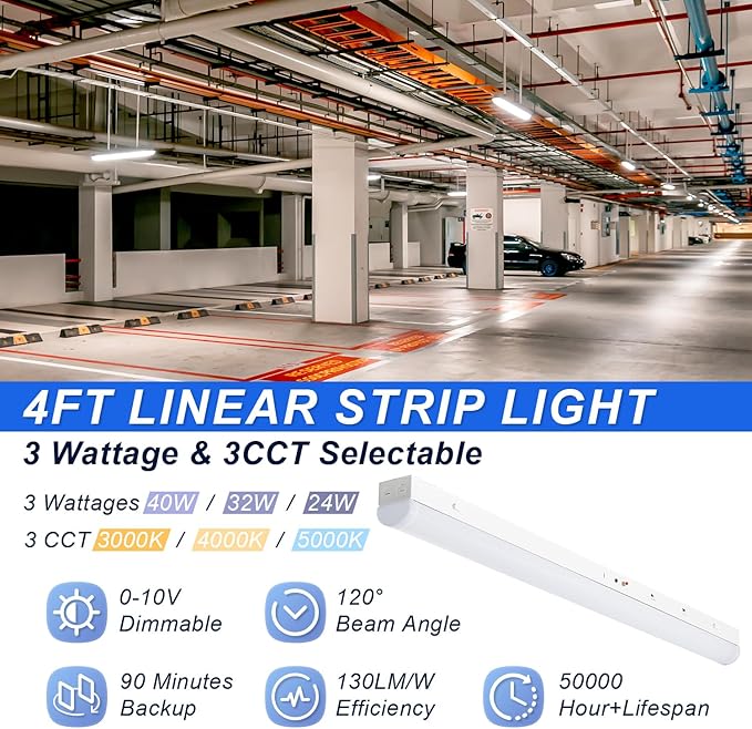 4FT LED Linear Strip Lights with Emergency Battery, 24W/32W/40W Selectable, 3CCT 3500K/4000K/5000K, Dimmable LED Shop Light, DLC ETL Listed Commercial Garage Ceiling Fixtures, AC100-277V (4 Pack)